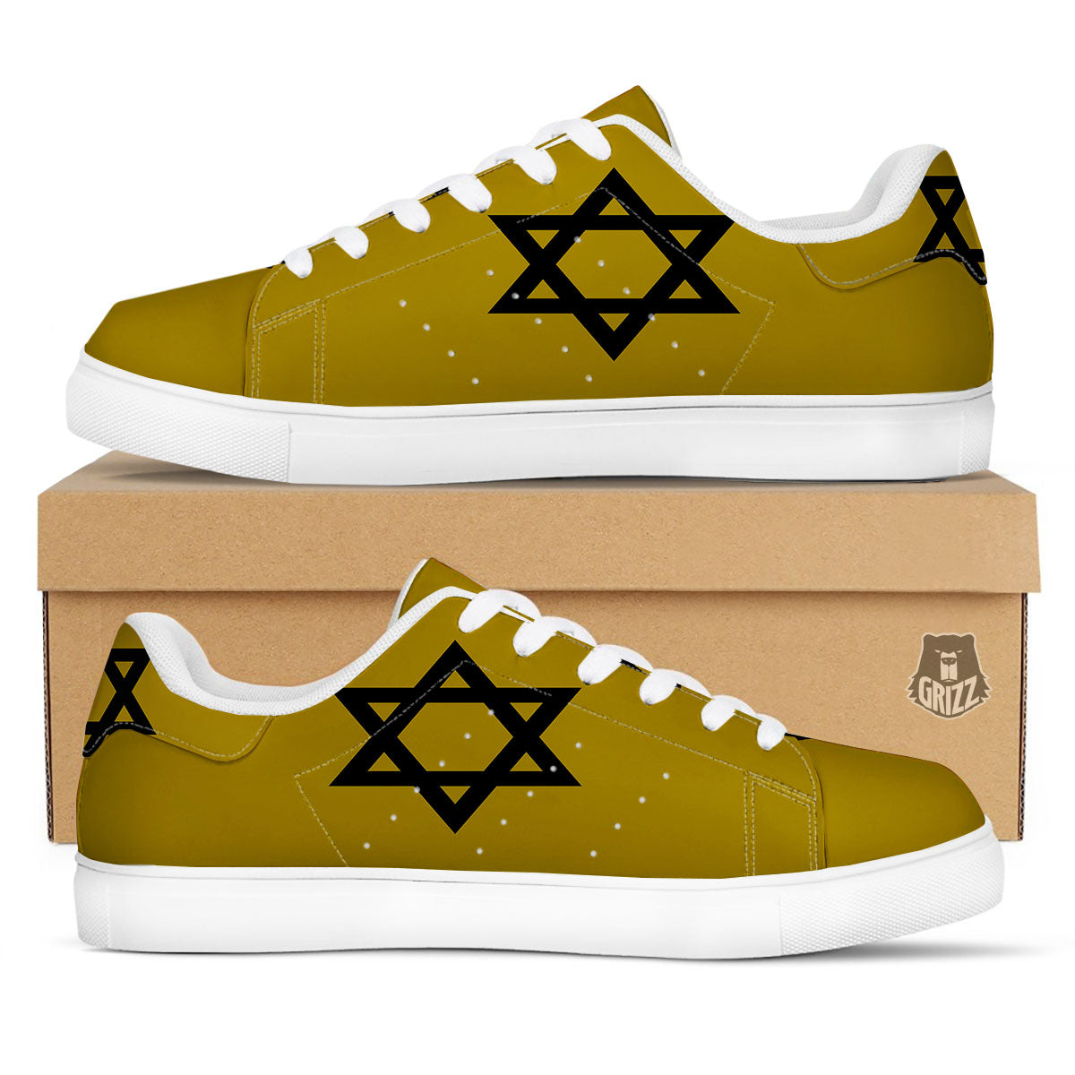 Star of David Yellow And Black Print White Low Top Sneakers-grizzshop