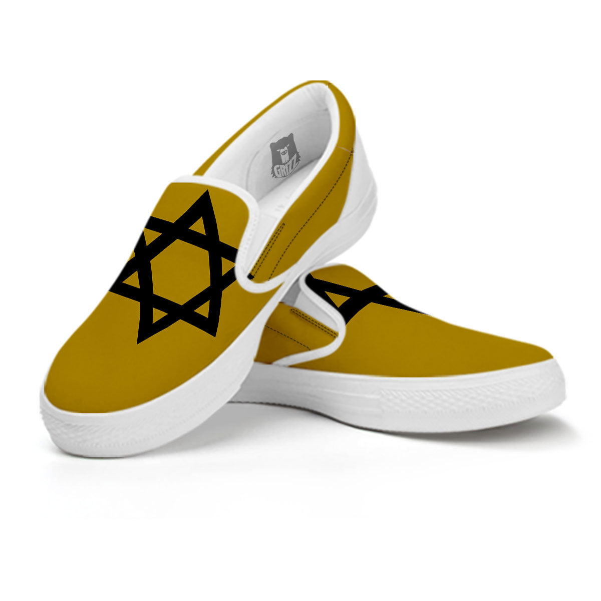 Star of David Yellow And Black Print White Slip On Shoes-grizzshop