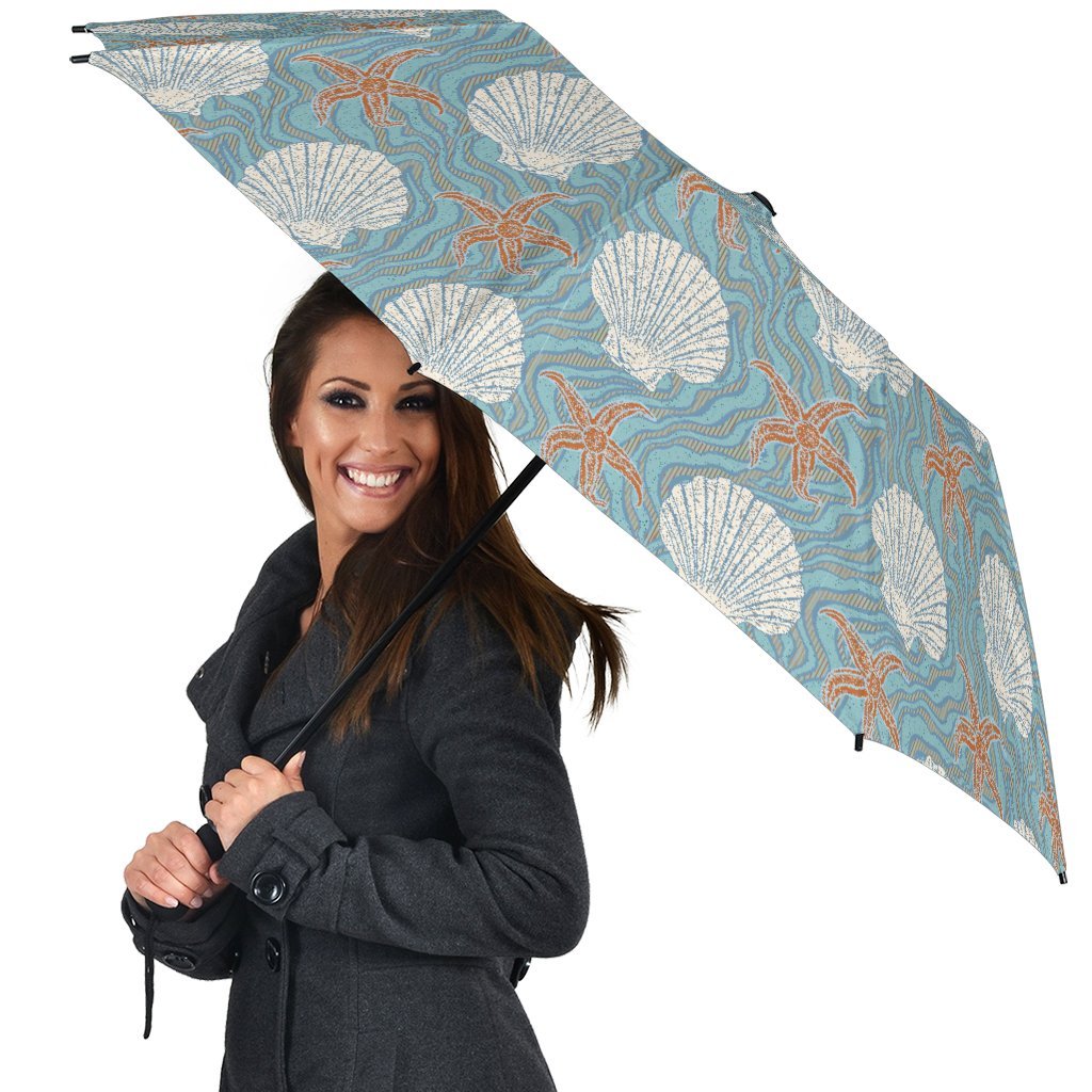 Starfish Shell Pattern Print Automatic Foldable Umbrella-grizzshop