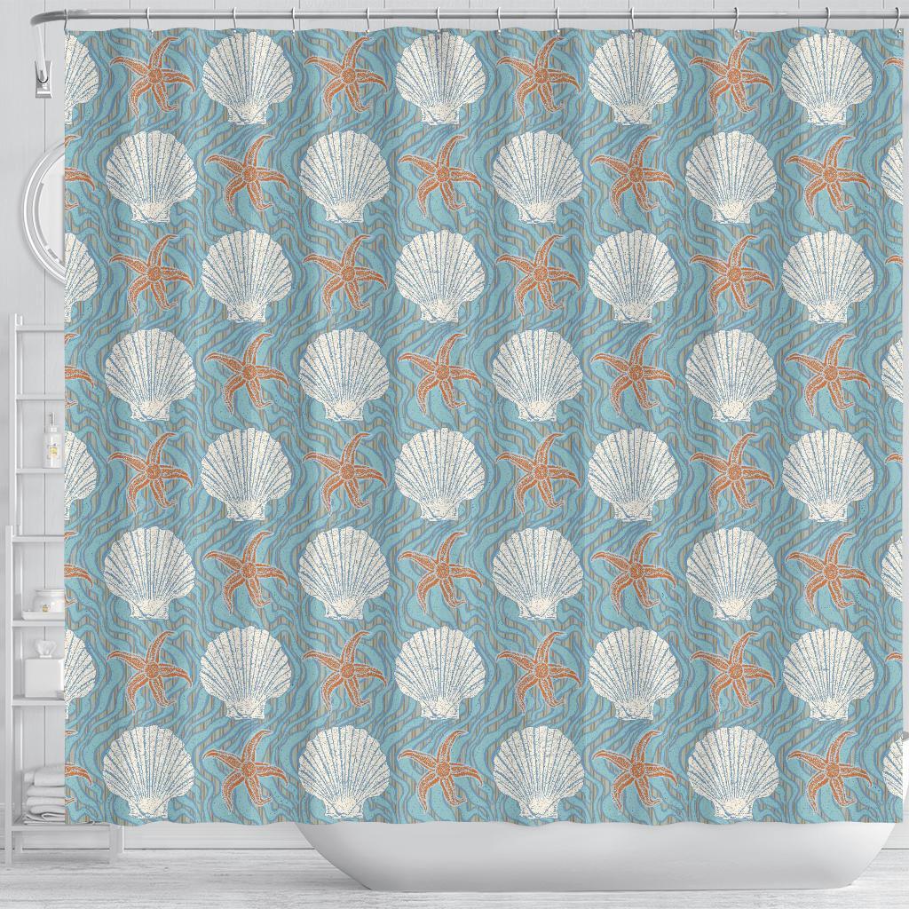 Starfish Shell Pattern Print Bathroom Shower Curtain-grizzshop