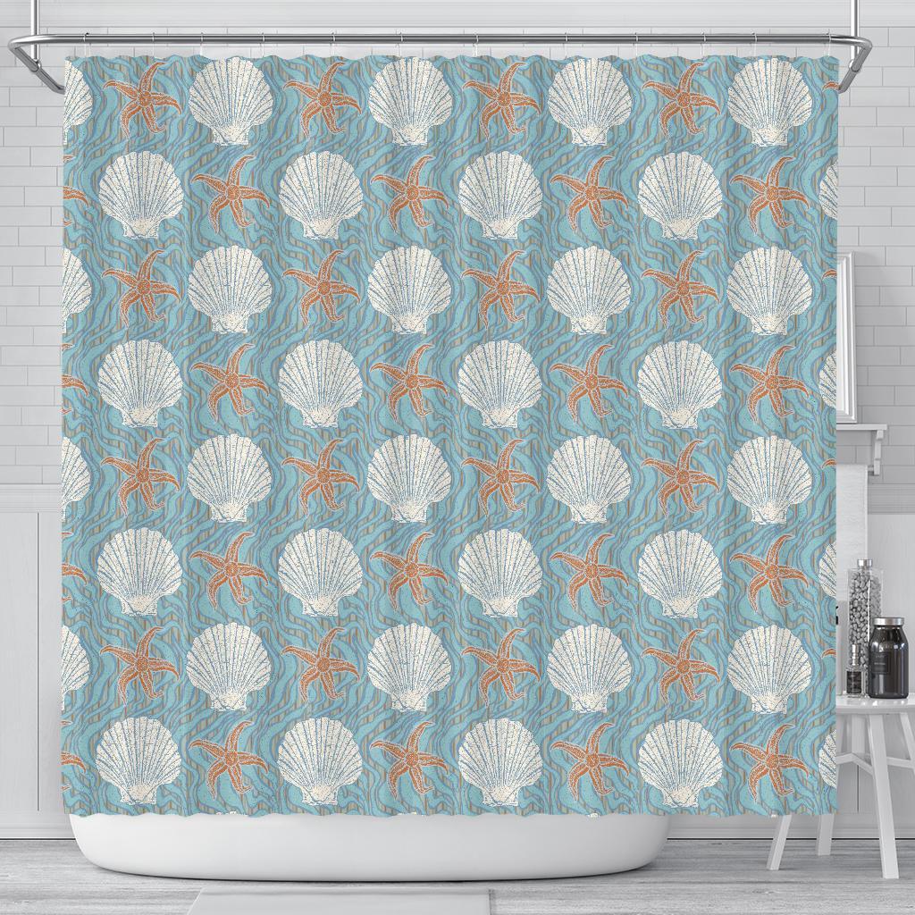 Starfish Shell Pattern Print Bathroom Shower Curtain-grizzshop