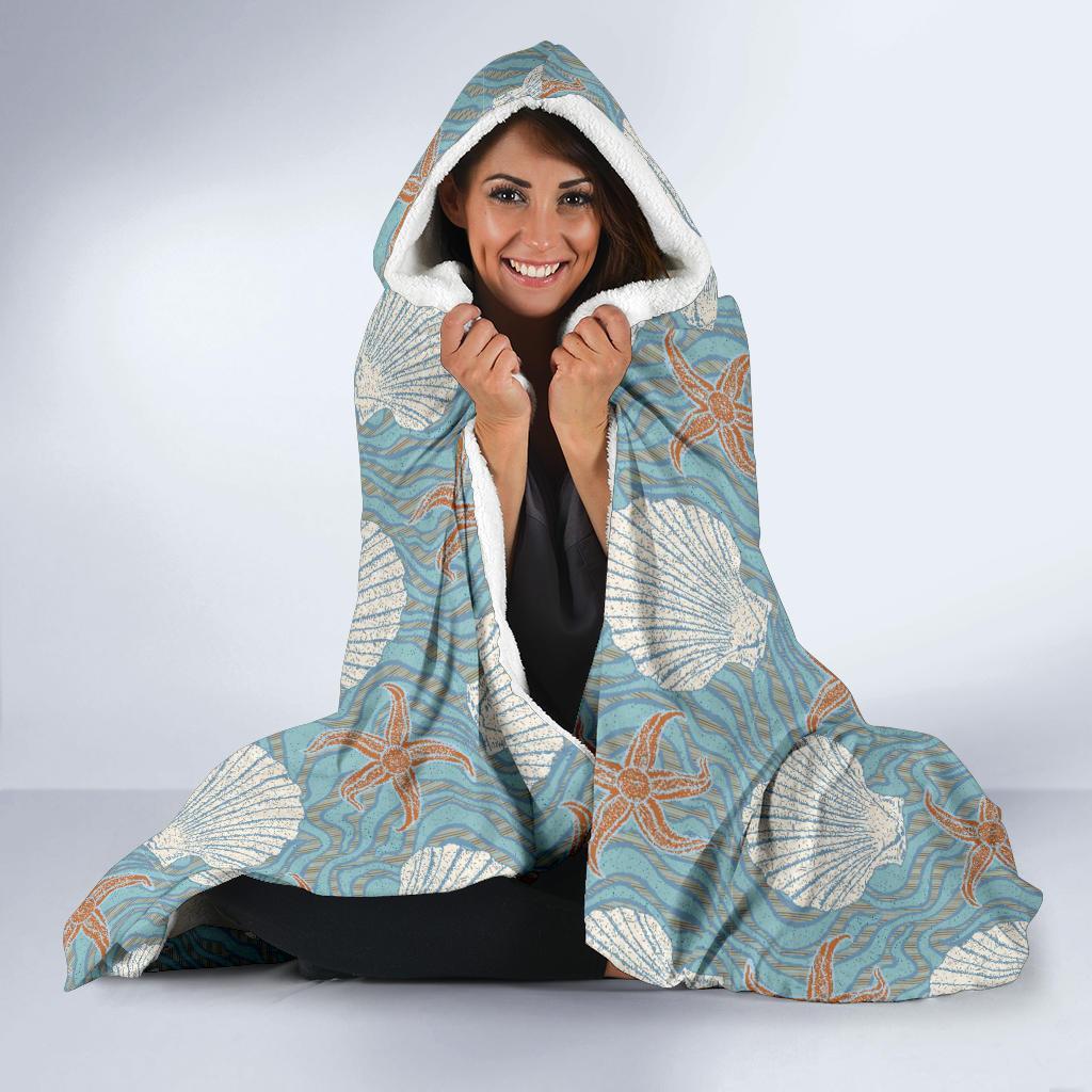 Starfish Shell Pattern Print Hooded Blanket-grizzshop