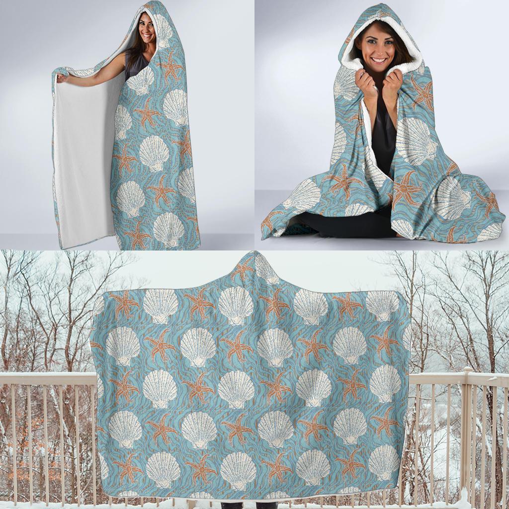 Starfish Shell Pattern Print Hooded Blanket-grizzshop