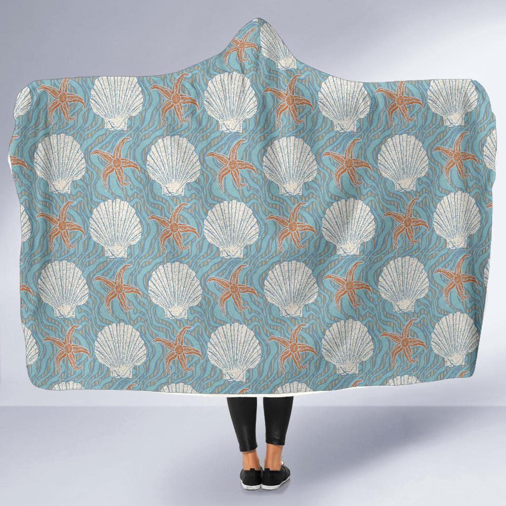 Starfish Shell Pattern Print Hooded Blanket-grizzshop