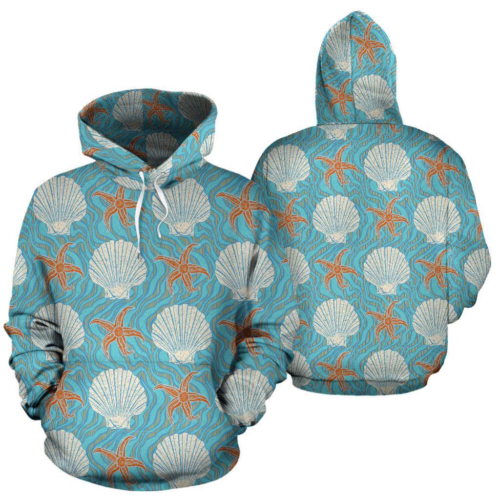 Starfish Shell Pattern Print Men Women Pullover Hoodie-grizzshop