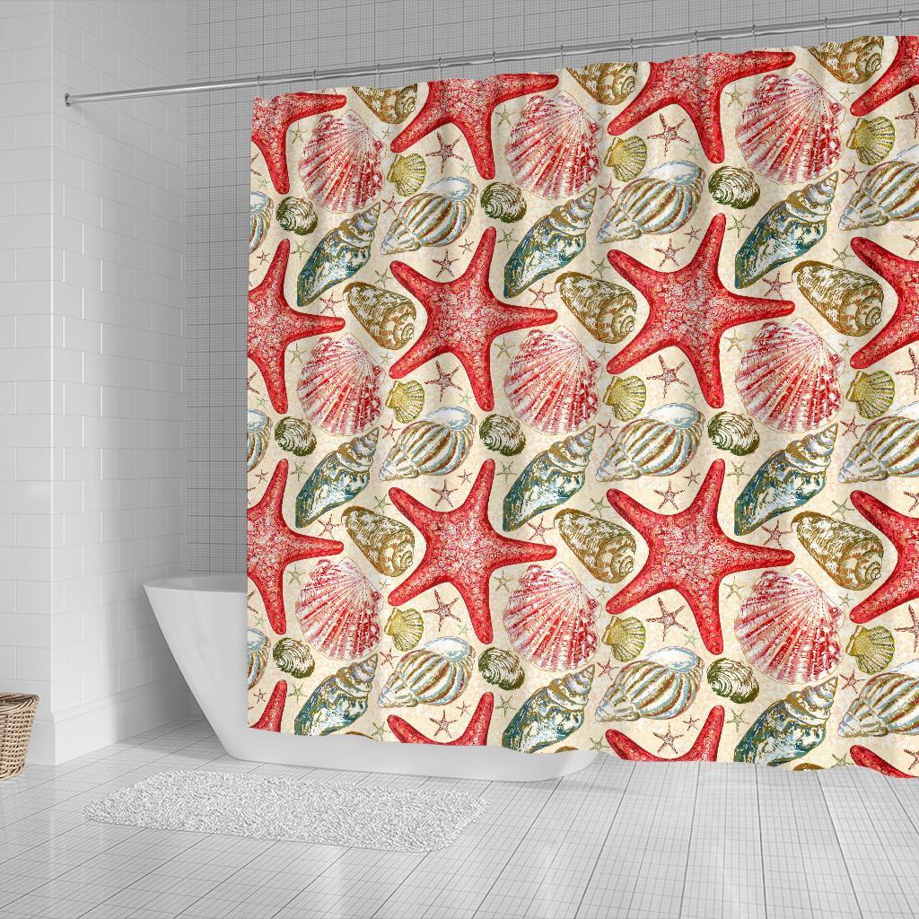 Starfish Shell Print Pattern Bathroom Shower Curtain-grizzshop