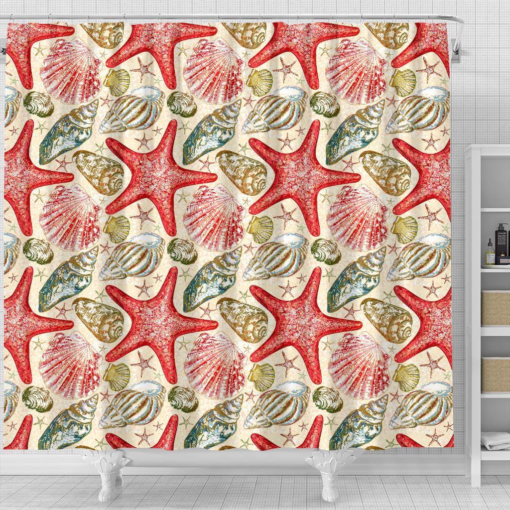 Starfish Shell Print Pattern Bathroom Shower Curtain-grizzshop