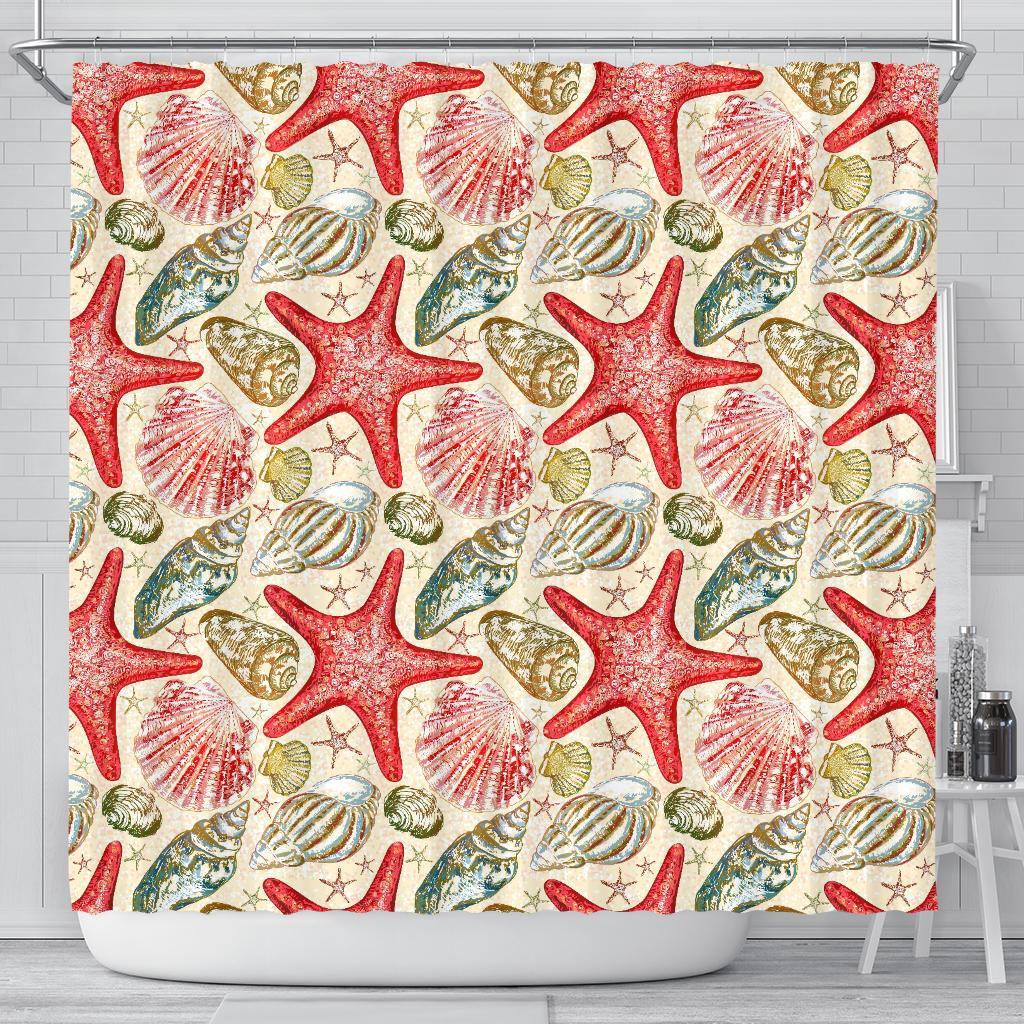 Starfish Shell Print Pattern Bathroom Shower Curtain-grizzshop