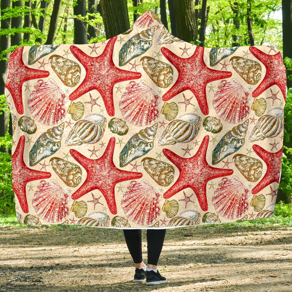 Starfish Shell Print Pattern Hooded Blanket-grizzshop