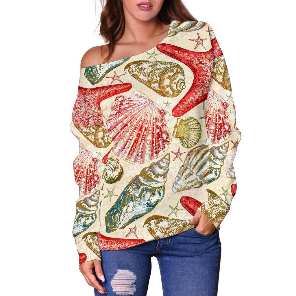 Starfish Shell Print Pattern Women Off Shoulder Sweatshirt-grizzshop