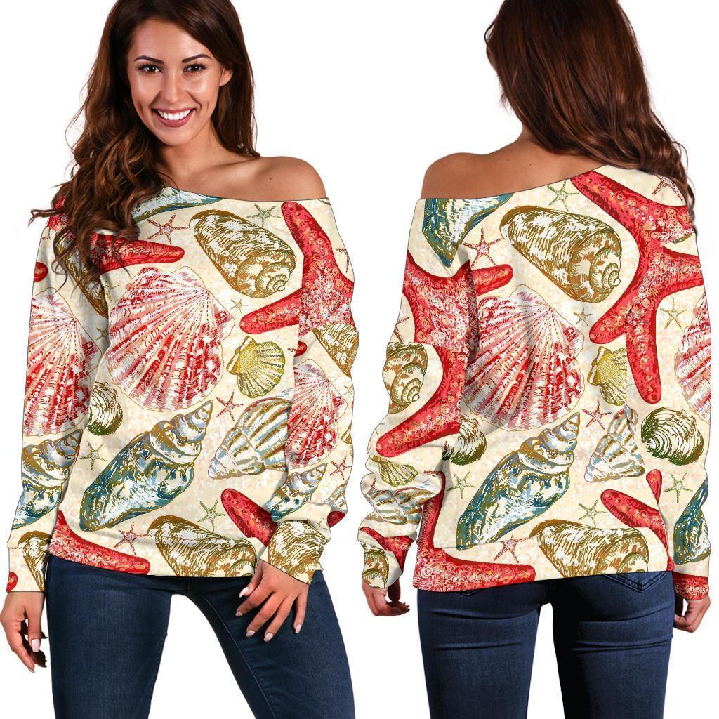 Starfish Shell Print Pattern Women Off Shoulder Sweatshirt-grizzshop