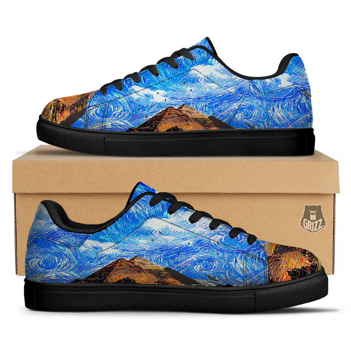 Starring Night Pyramids Print Black Low Top Sneakers-grizzshop