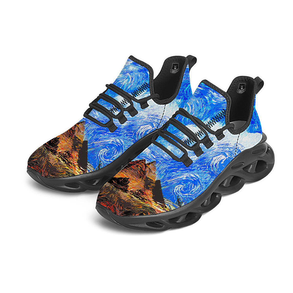 Starring Night Pyramids Print Black Running Shoes-grizzshop