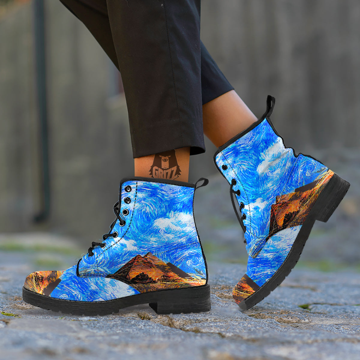 Starring Night Pyramids Print Leather Boots-grizzshop