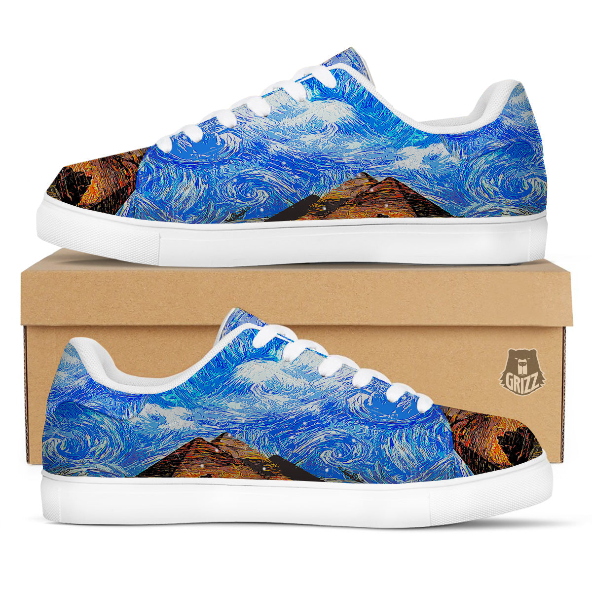 Starring Night Pyramids Print White Low Top Sneakers-grizzshop