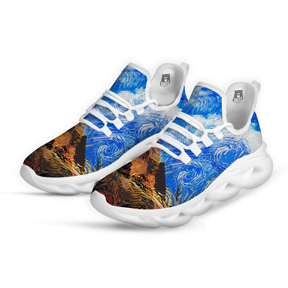 Starring Night Pyramids Print White Running Shoes-grizzshop