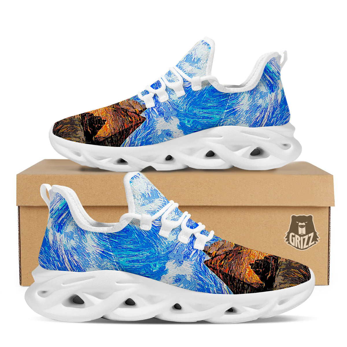 Starring Night Pyramids Print White Running Shoes-grizzshop