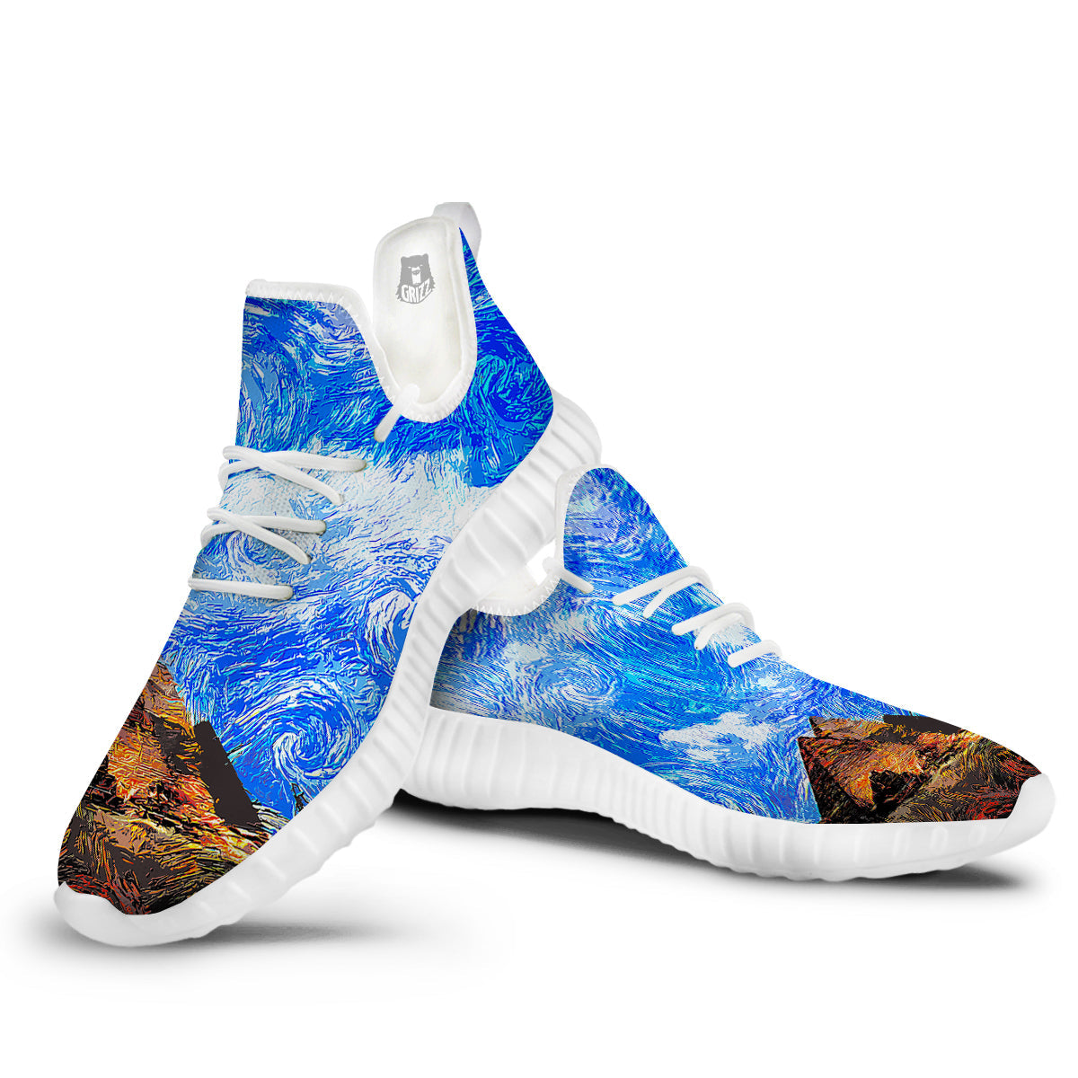 Starring Night Pyramids Print White Walking Shoes-grizzshop