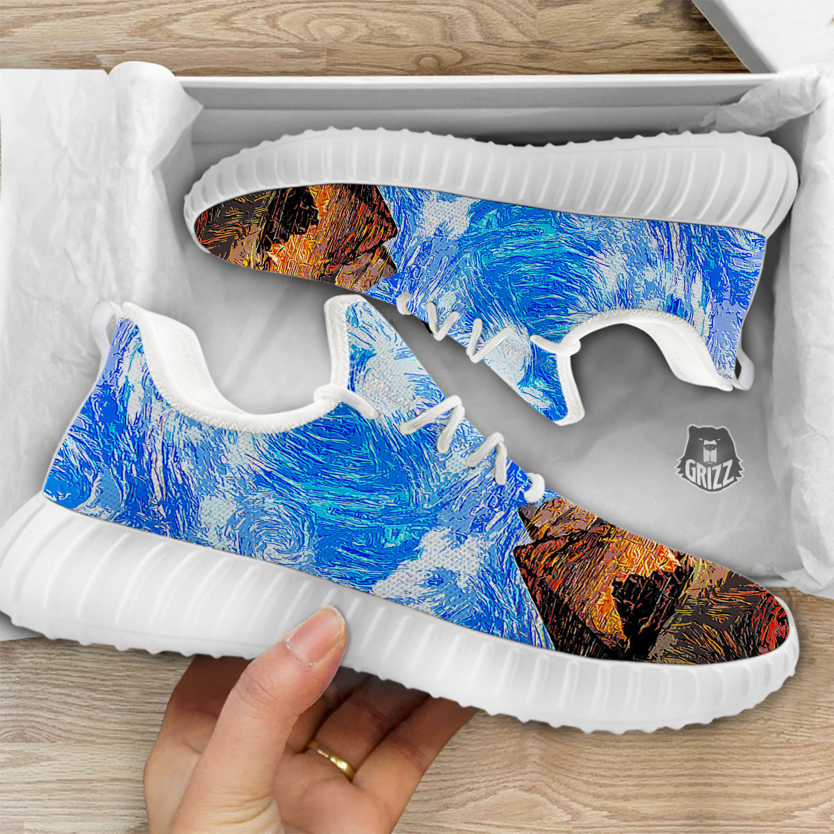 Starring Night Pyramids Print White Walking Shoes-grizzshop
