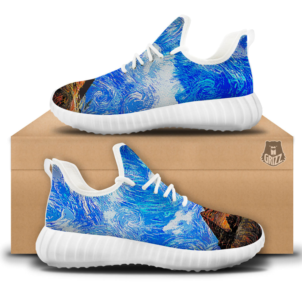 Starring Night Pyramids Print White Walking Shoes-grizzshop
