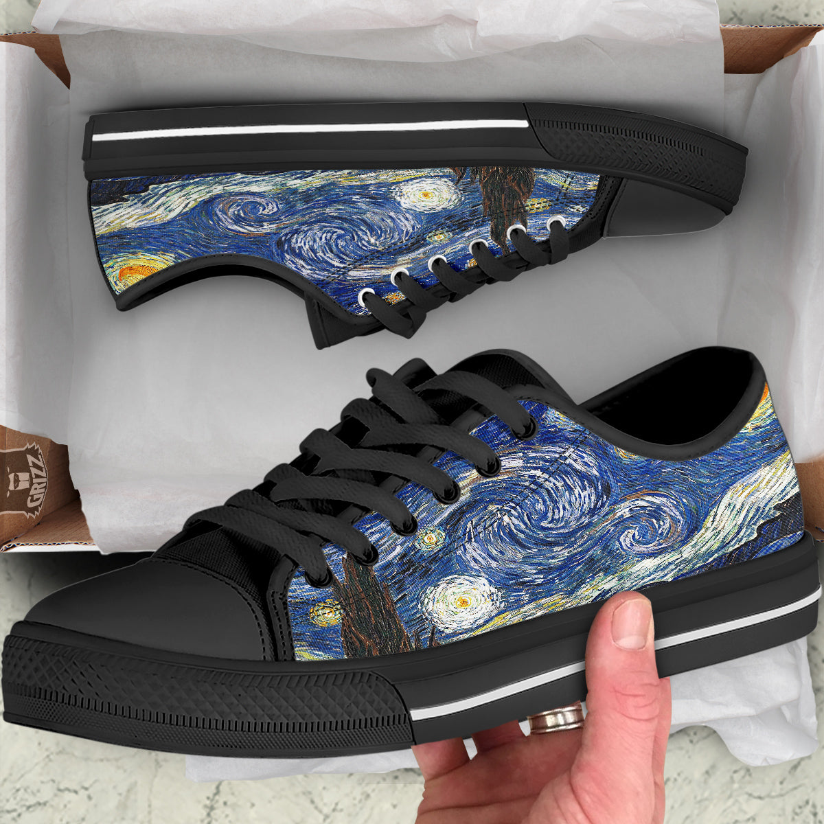 Starry Night Print Black Low Top Shoes-grizzshop
