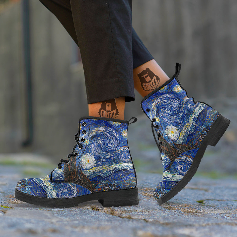Starry Night Print Leather Boots-grizzshop