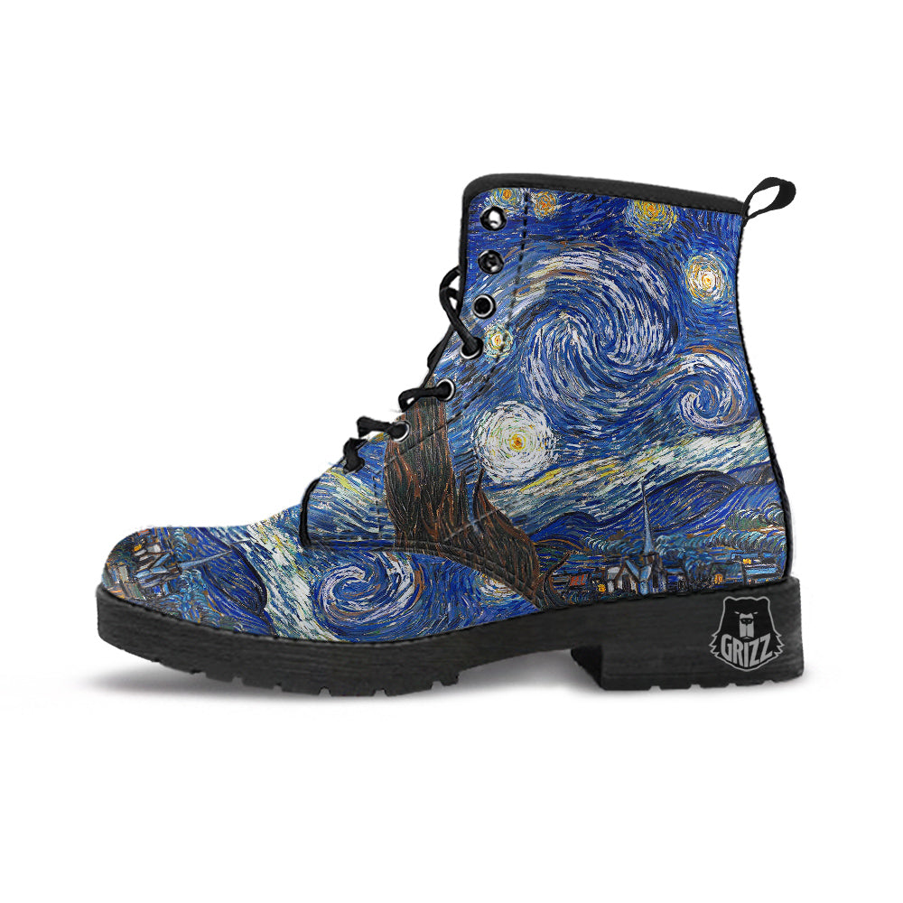 Starry Night Print Leather Boots-grizzshop