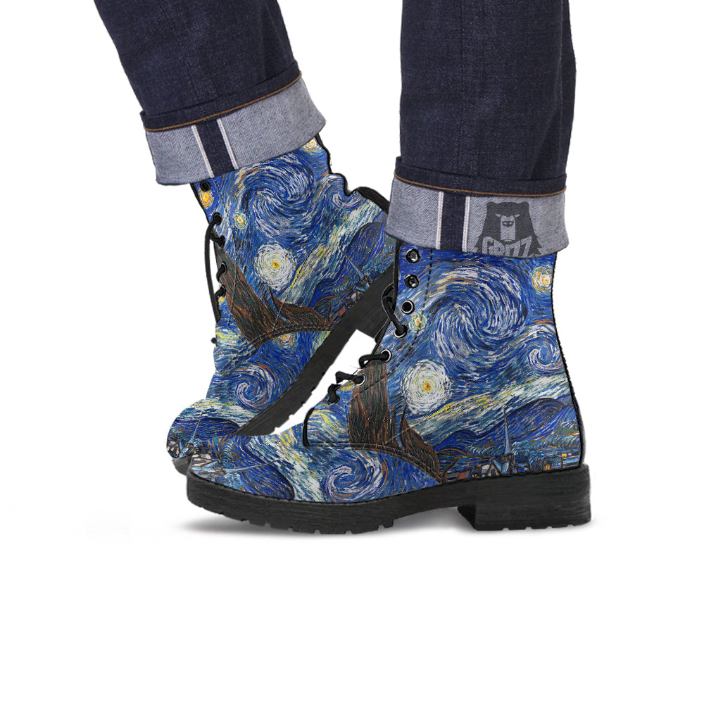 Starry Night Print Leather Boots-grizzshop