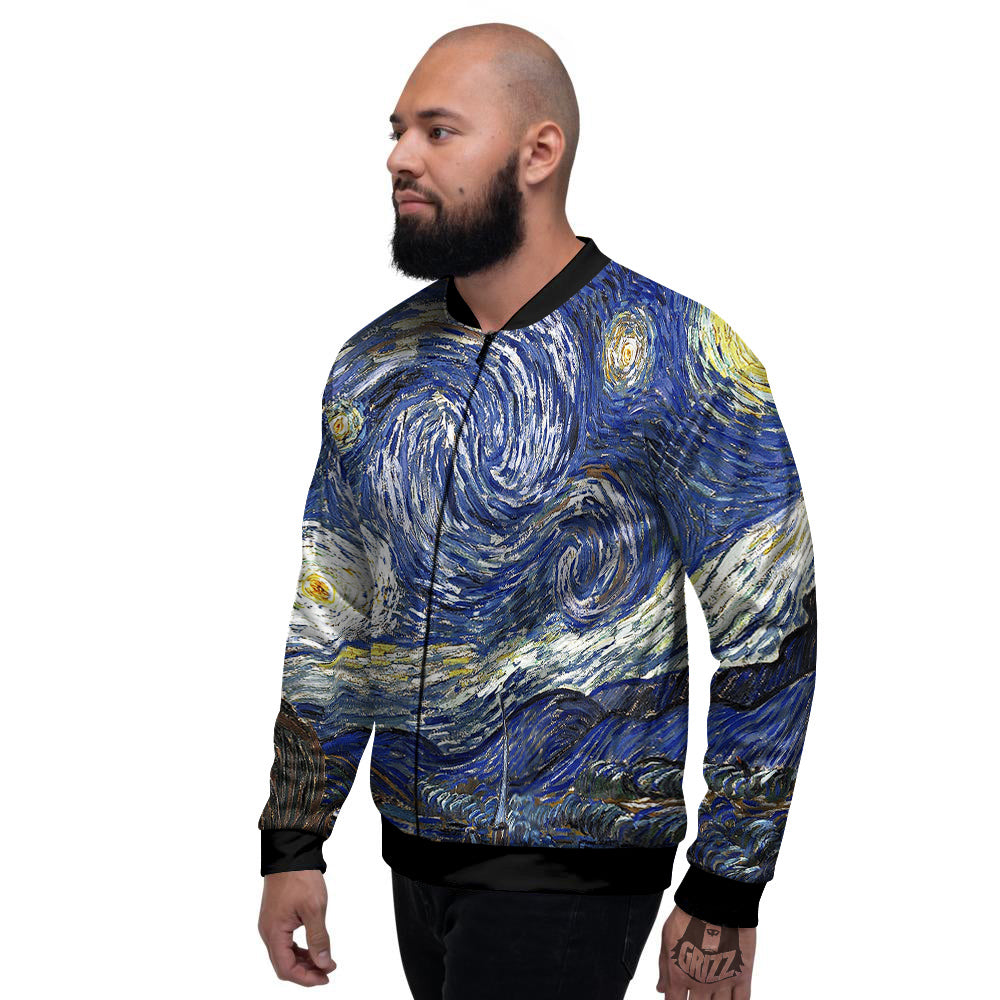 Starry Night Print Men's Bomber Jacket-grizzshop
