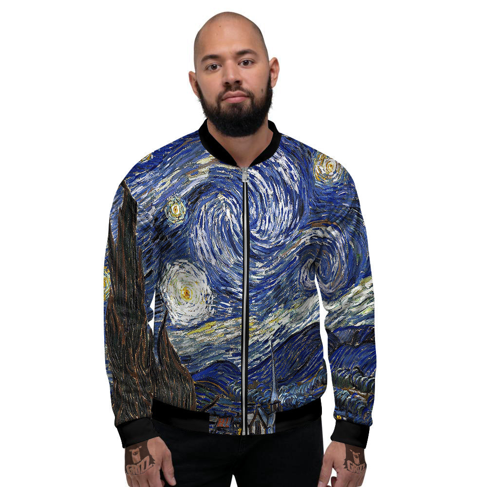 Starry Night Print Men's Bomber Jacket-grizzshop
