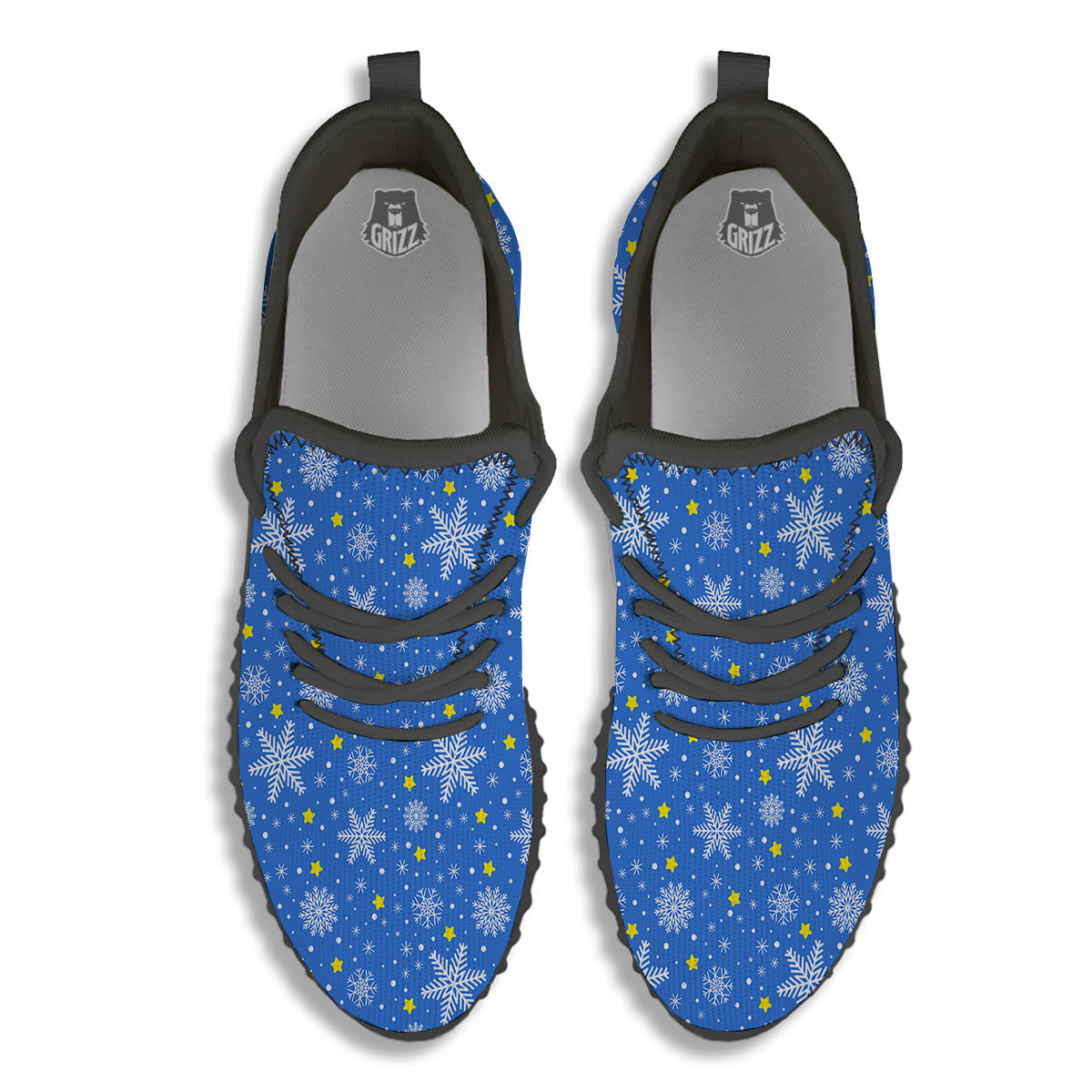 Stars And Christmas Snowflakes Print Black Walking Shoes-grizzshop