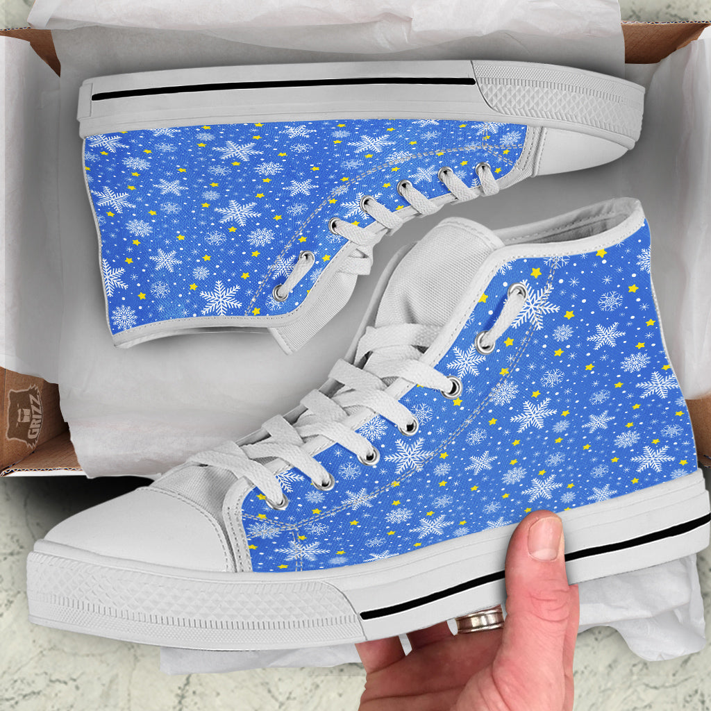 Stars And Christmas Snowflakes Print White High Top Shoes-grizzshop