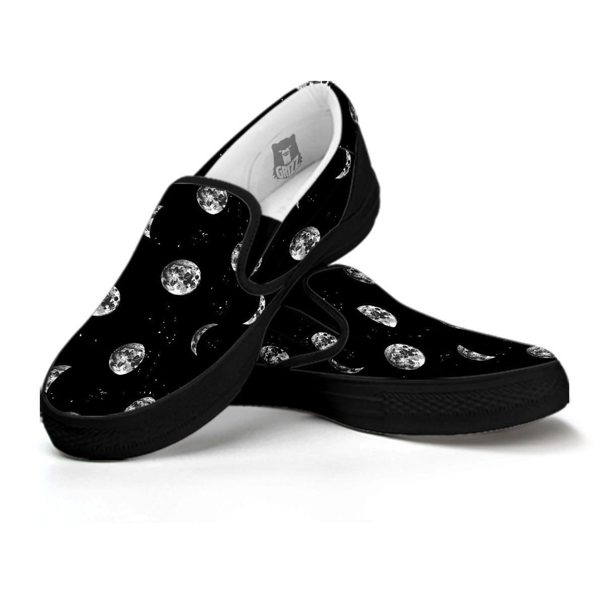 Stars And Moon Phase Print Pattern Black Slip On Shoes-grizzshop