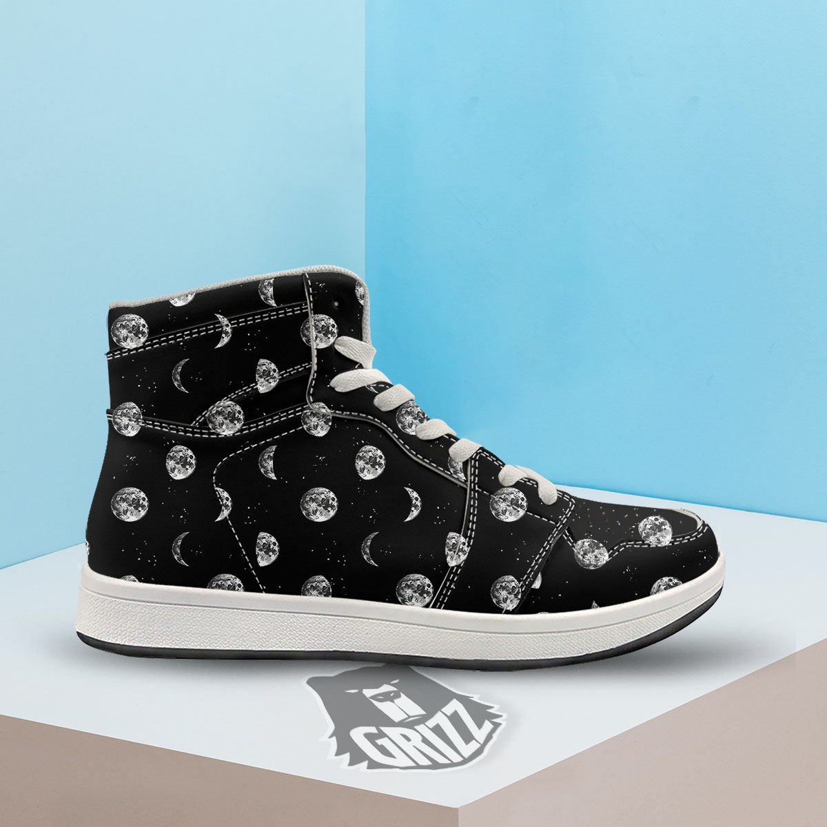 Stars And Moon Phase Print Pattern High Top Sneakers-grizzshop
