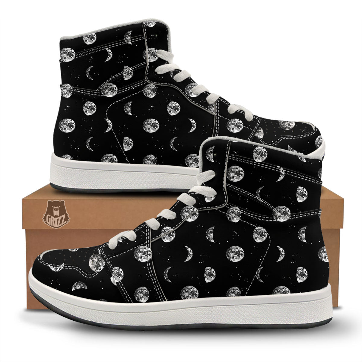 Stars And Moon Phase Print Pattern High Top Sneakers-grizzshop