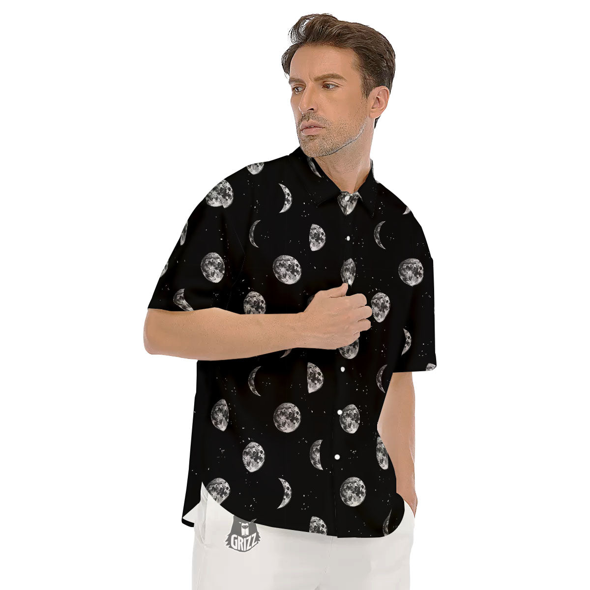Stars And Moon Phase Print Pattern Men's Short Sleeve Shirts-grizzshop