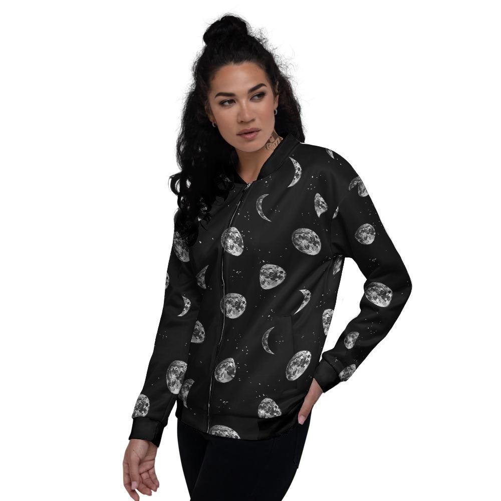 Stars And Moon Phase Print Pattern Women's Bomber Jacket-grizzshop