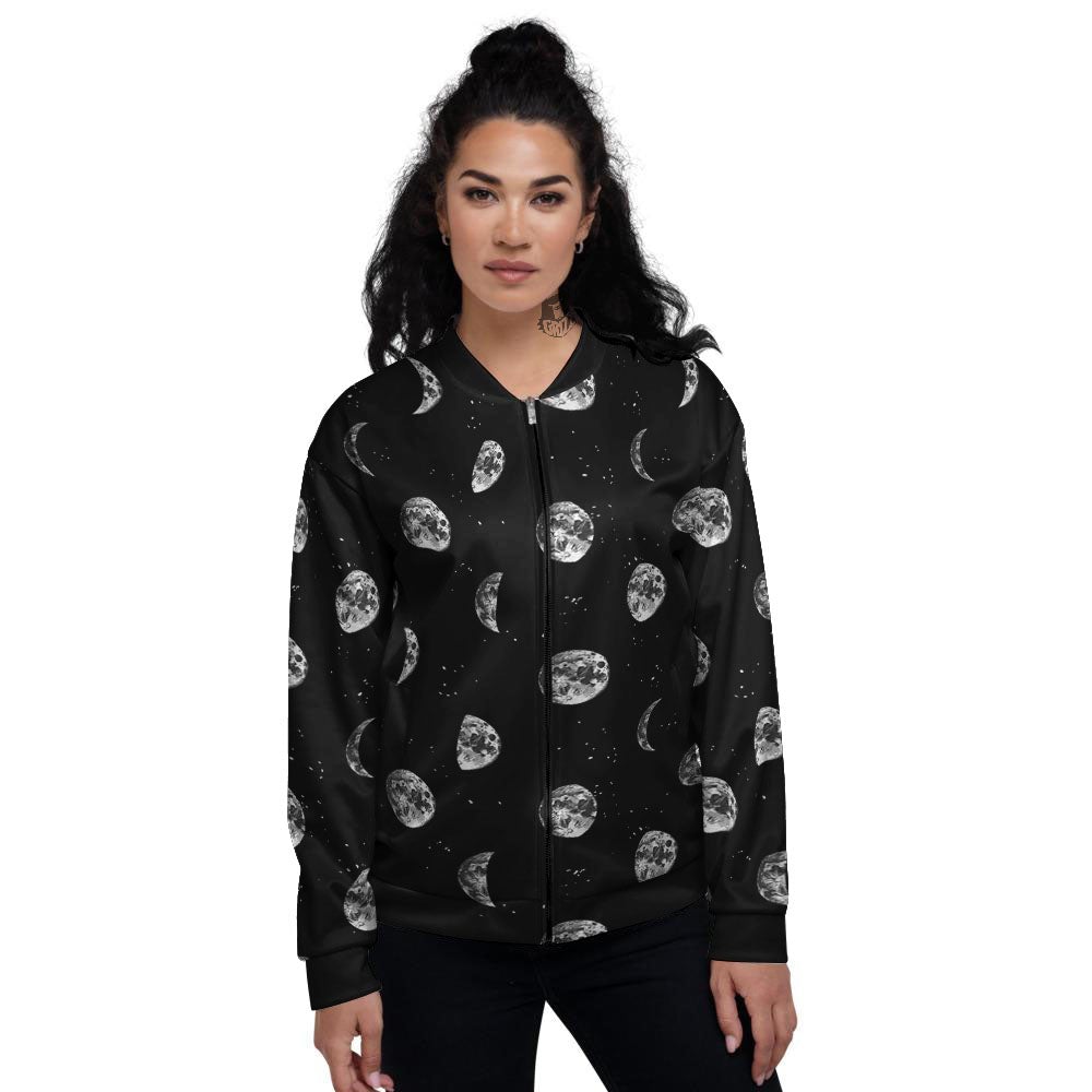 Stars And Moon Phase Print Pattern Women's Bomber Jacket-grizzshop