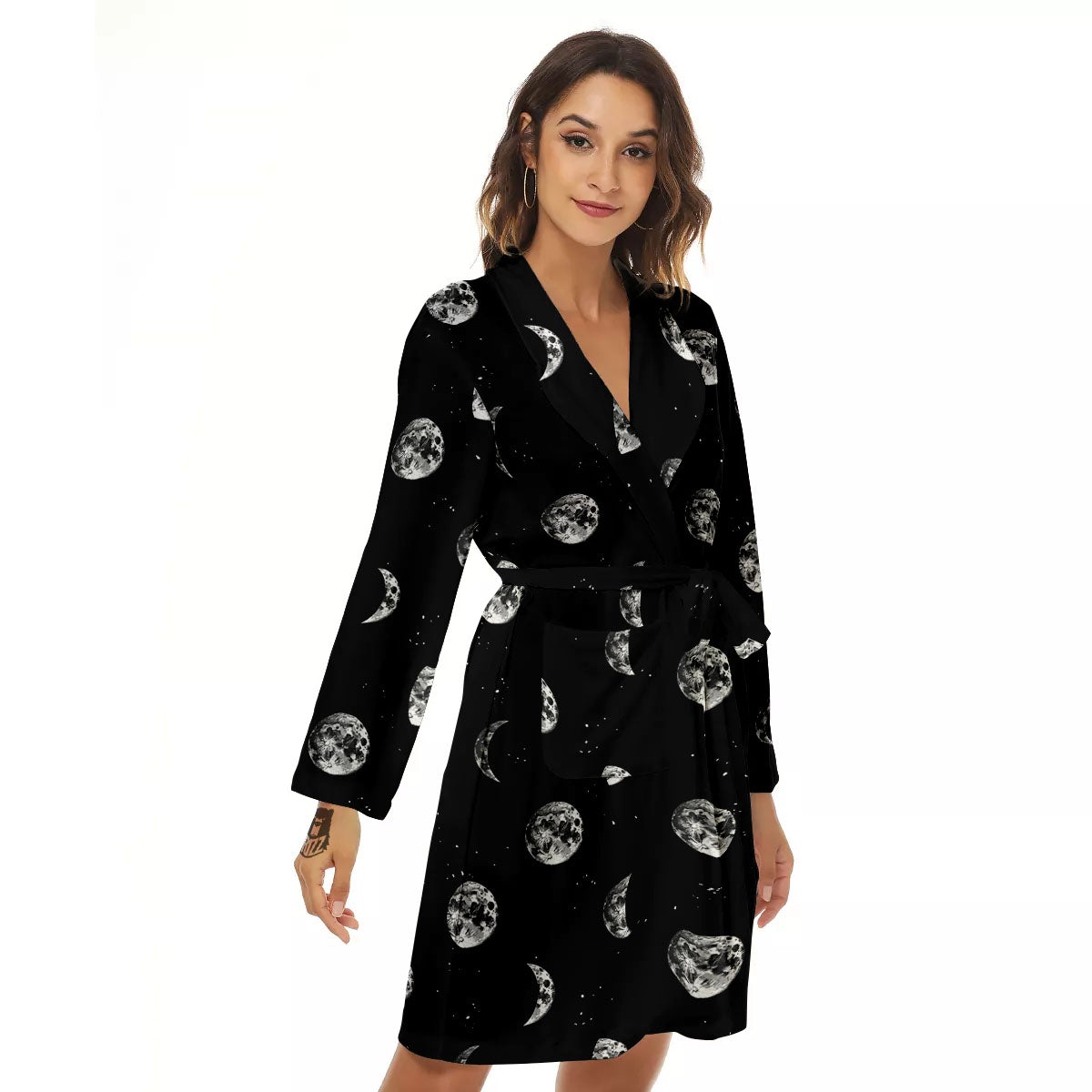 Stars And Moon Phase Print Pattern Women's Robe-grizzshop