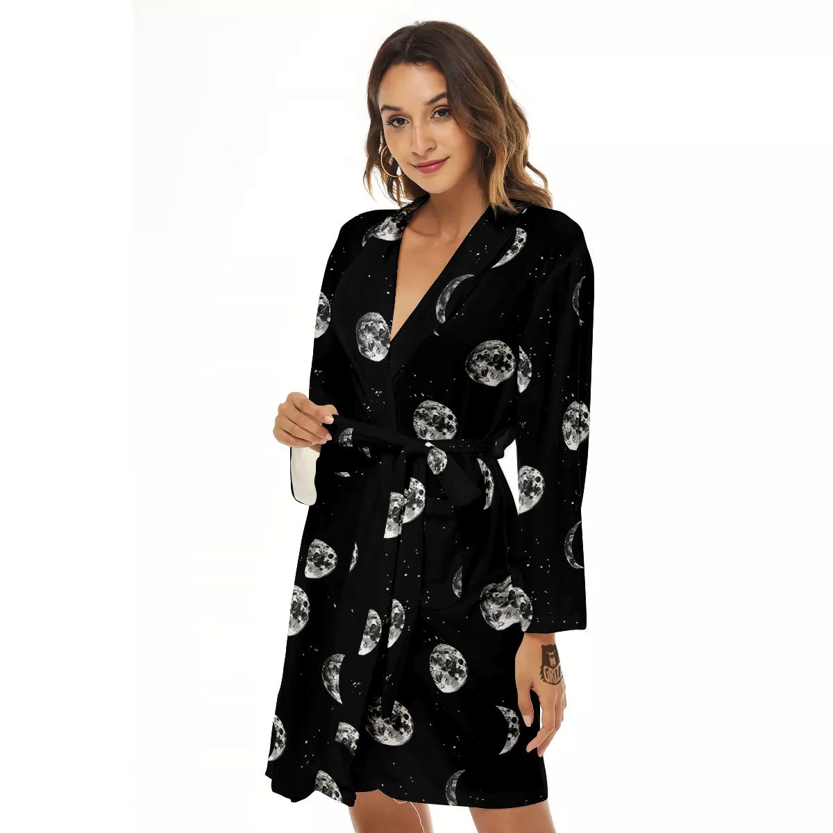 Stars And Moon Phase Print Pattern Women's Robe-grizzshop