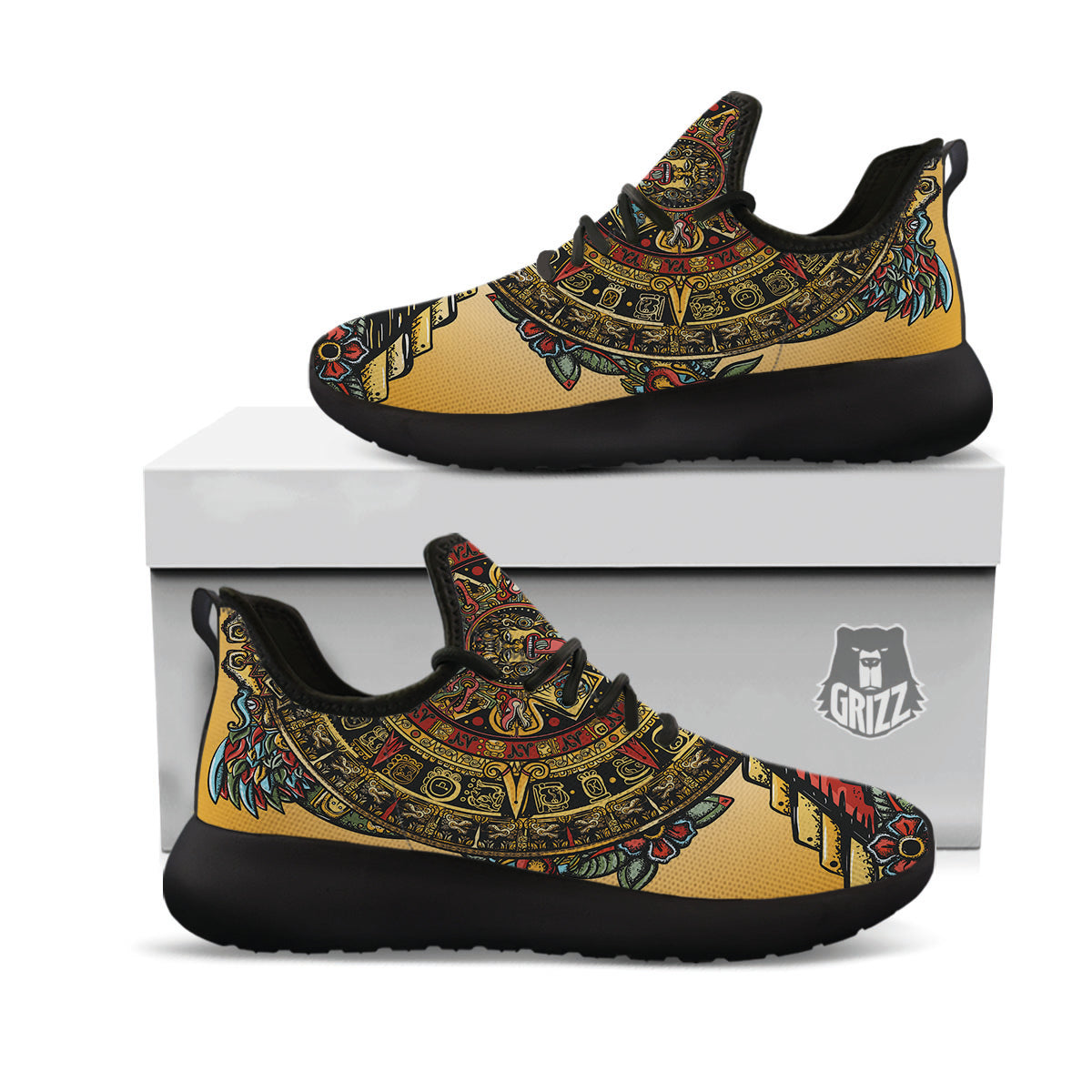 Statue Ancient Mayan Print Black Athletic Shoes-grizzshop