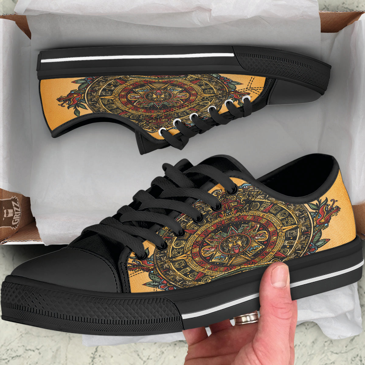 Statue Ancient Mayan Print Black Low Top Shoes-grizzshop