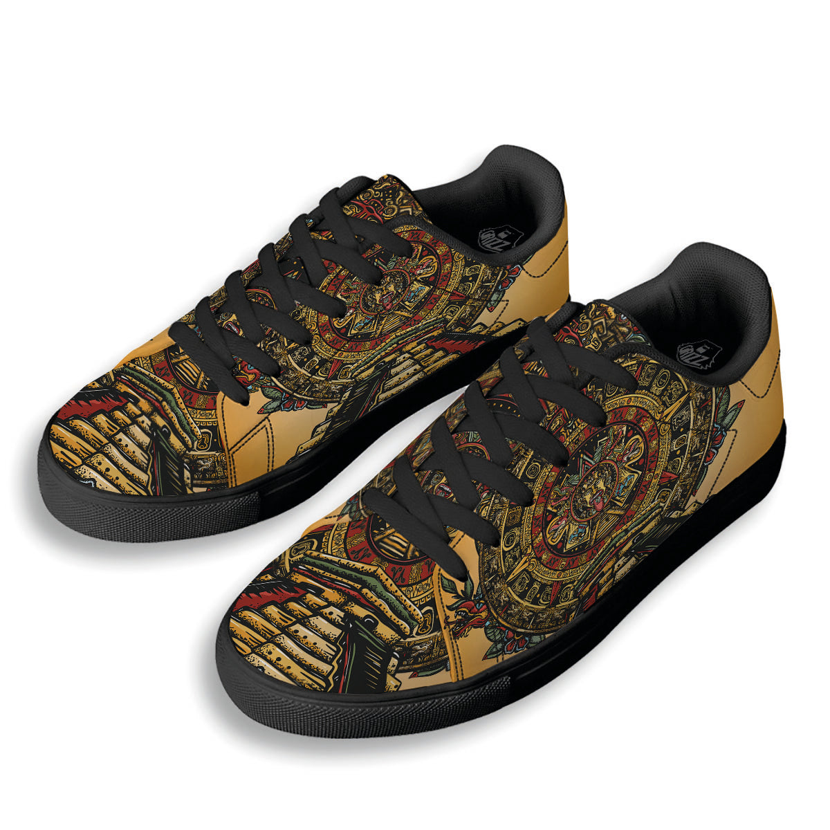 Statue Ancient Mayan Print Black Low Top Sneakers-grizzshop