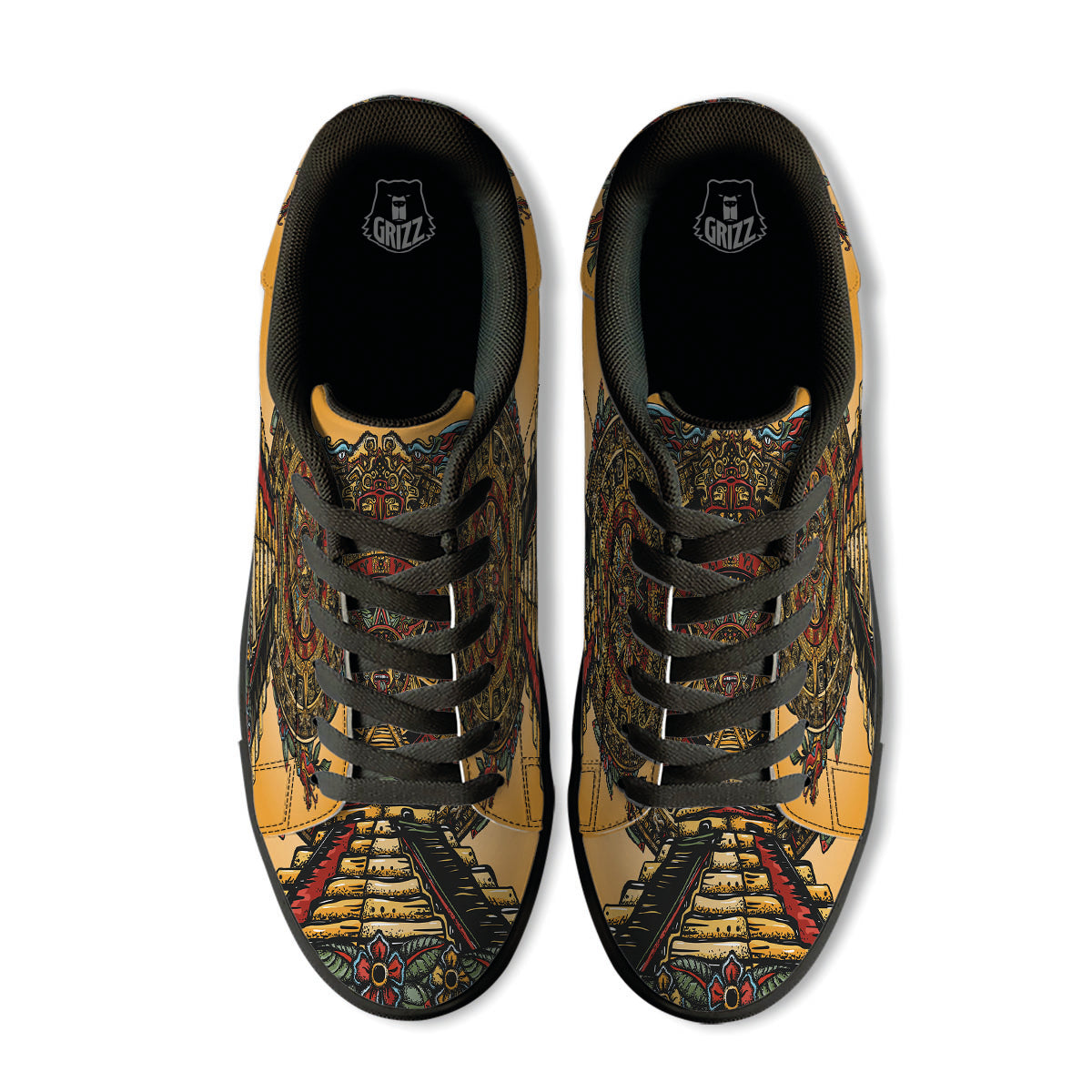 Statue Ancient Mayan Print Black Low Top Sneakers-grizzshop