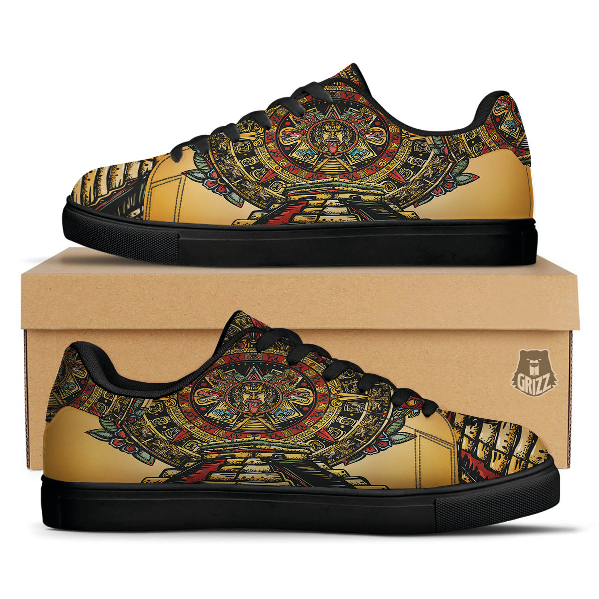 Statue Ancient Mayan Print Black Low Top Sneakers-grizzshop