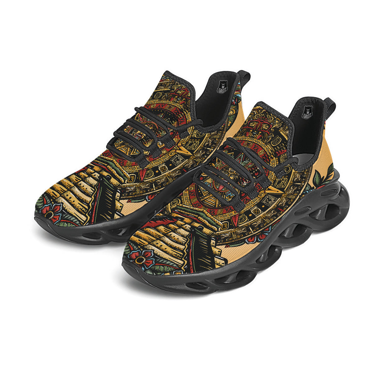 Statue Ancient Mayan Print Black Running Shoes-grizzshop