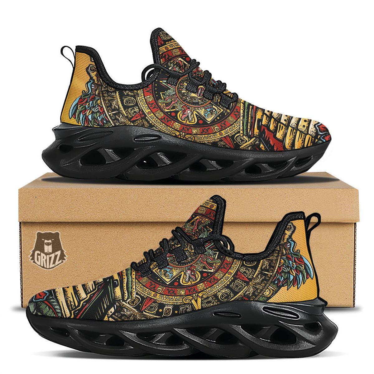 Statue Ancient Mayan Print Black Running Shoes-grizzshop