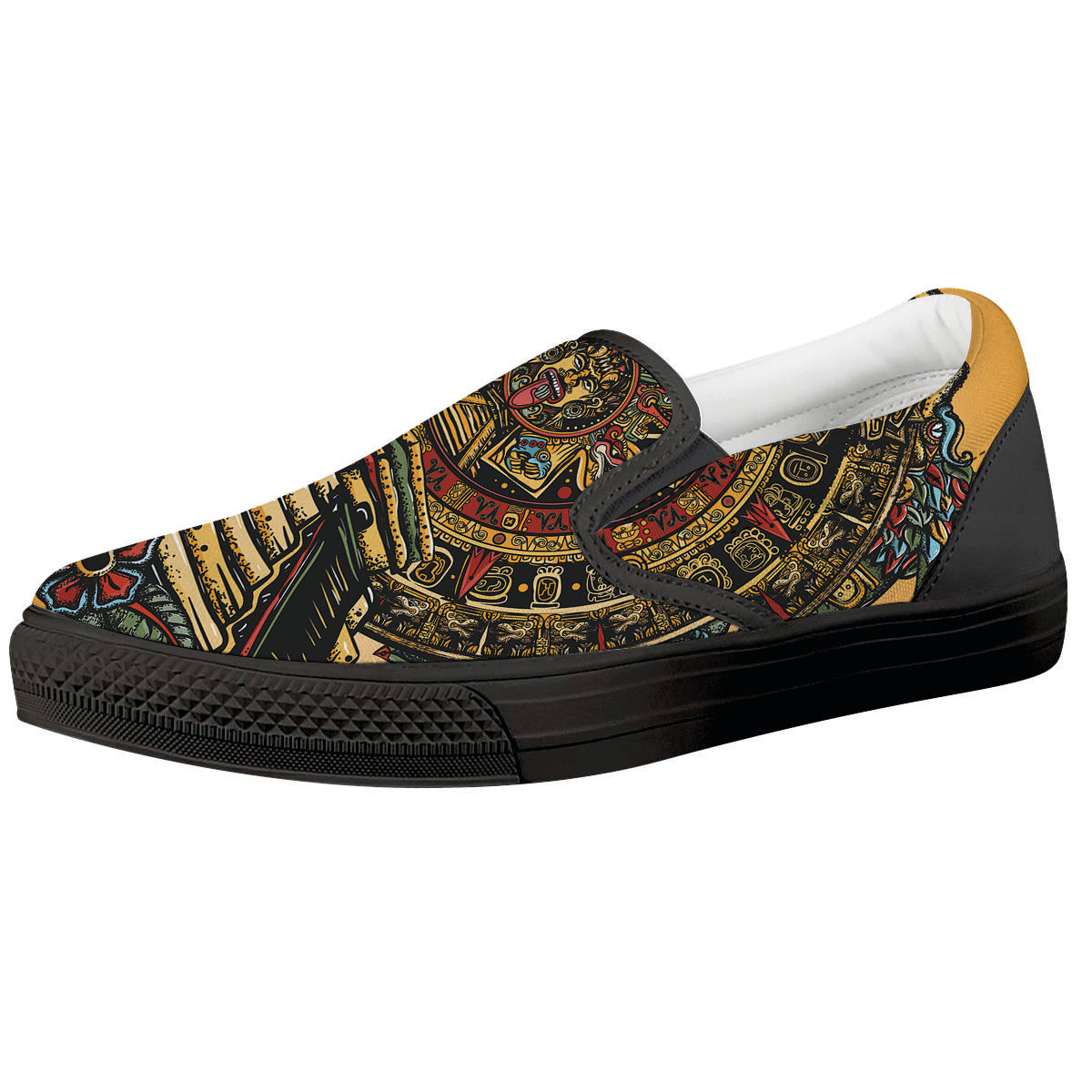 Statue Ancient Mayan Print Black Slip On Shoes-grizzshop