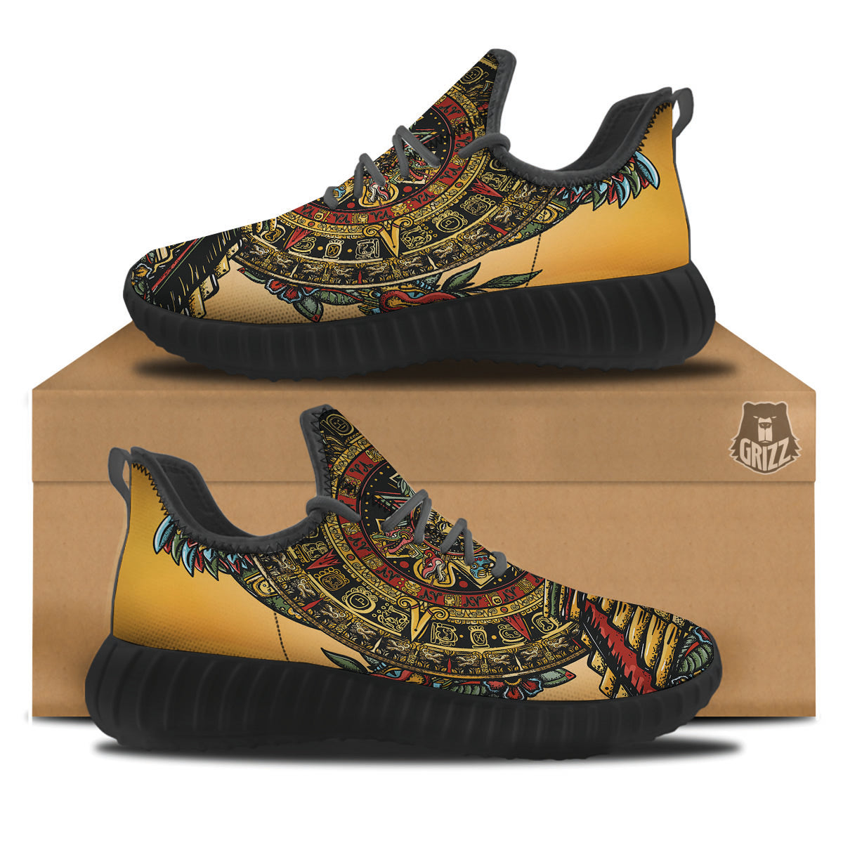 Statue Ancient Mayan Print Black Walking Shoes-grizzshop