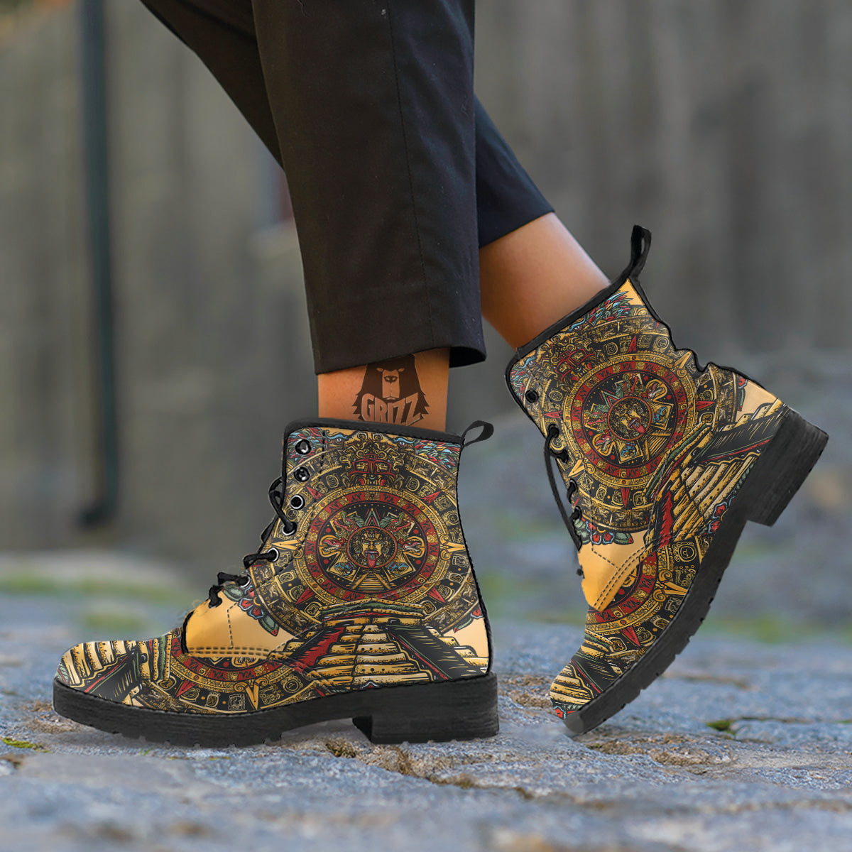 Statue Ancient Mayan Print Leather Boots-grizzshop